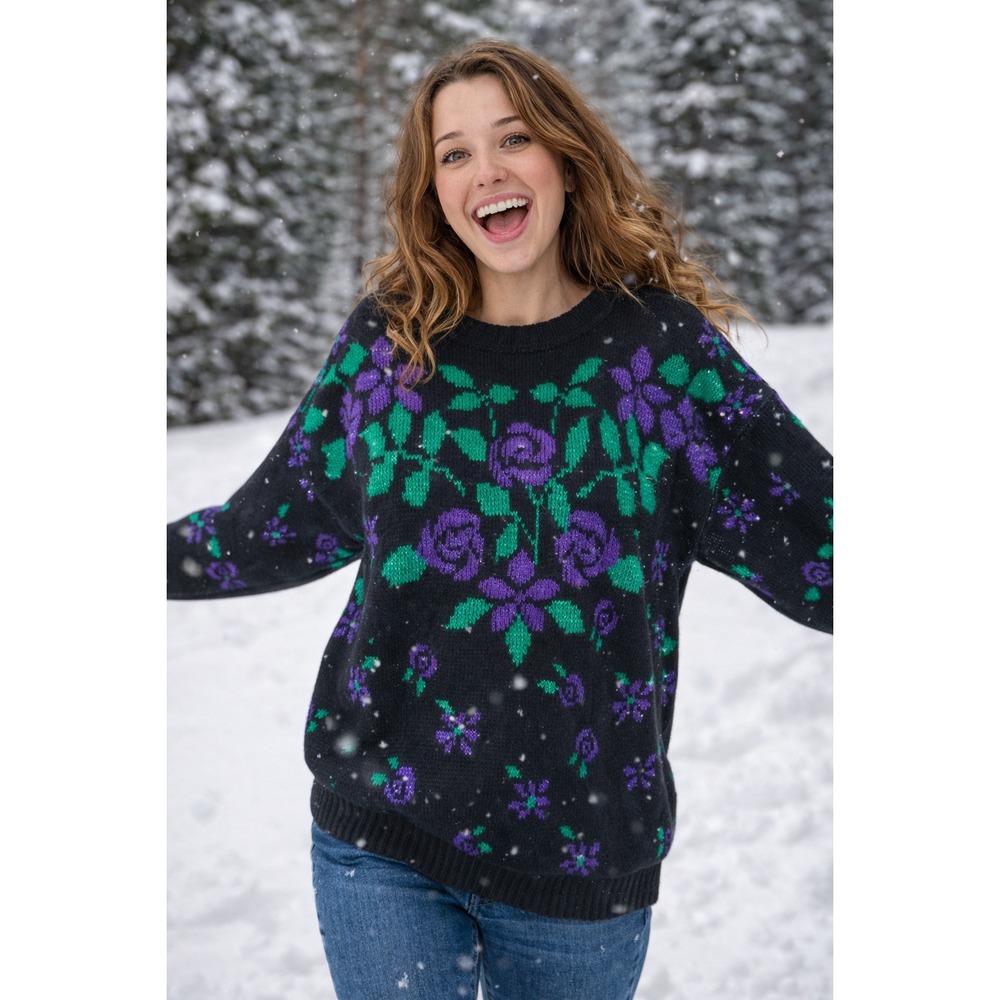 Vtg Black Purple Green Floral Knit Sweater 80s Vintage Women's‎ Size M GFC Inc